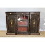 A Victorian inlaid, ebonised and walnut break front display cabinet / credenza,