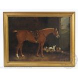 A M Bryant (English School) Oil on board, Tacked horse in stable with terrier, Signed lower right,