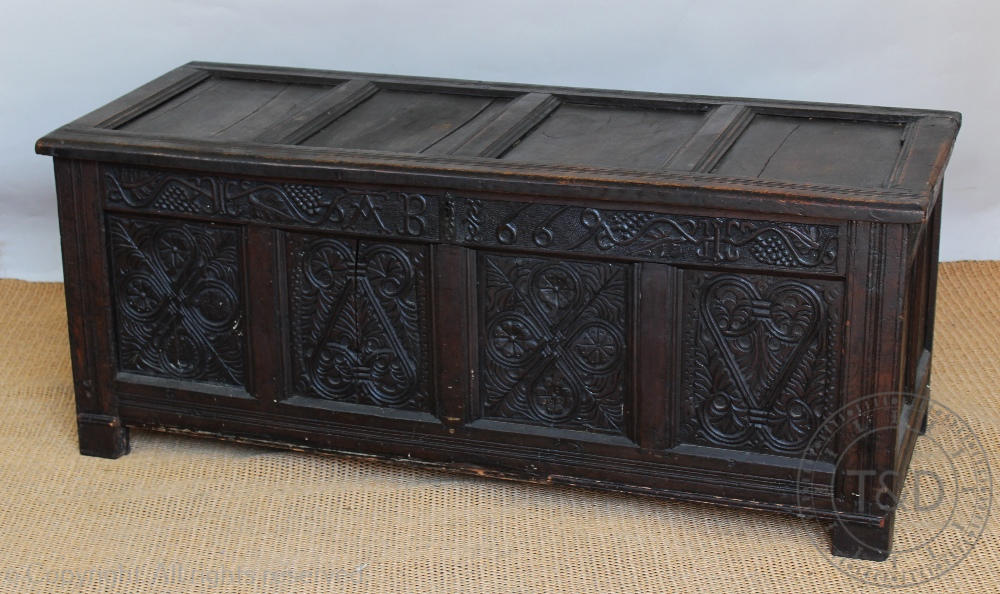 A late 17th century oak coffer, initialled and dated 'AD 66',