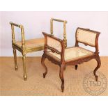 A Louis XVI style carved gilt wood piano stool, with scroll end arms, on fluted legs,