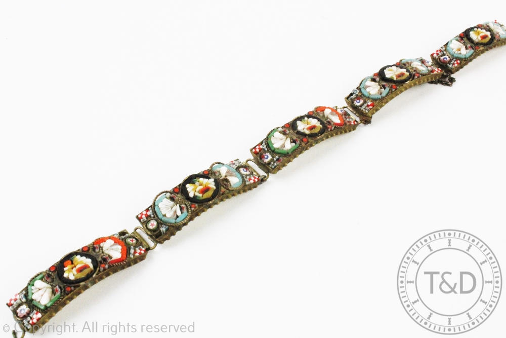 A micro mosaic bracelet, designed as five panels of floral motifs in gilt metal, - Image 2 of 2