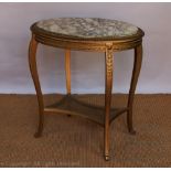 A Louis XVI style gilt wood and gesso oval centre table, with veined white marble top,