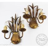 A near pair of modern gilt metal twin branch wall sconces, modelled with ears of corn,