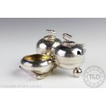 A novelty silver plated curling stone condiment set, Fenton Brothers circa 1890,