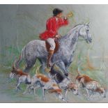 English School - 20th century, Pastel, Hunting scene with hunt master and four dogs,