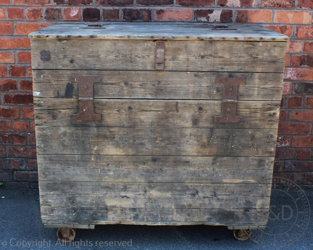 A vintage pine laundry / warehouse cart, with hinged lid, 108cm H x 117cm W x 62cm D,