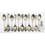 A selection of six Victorian silver fiddle pattern tea spoons, John Pope George, Exeter 1874,