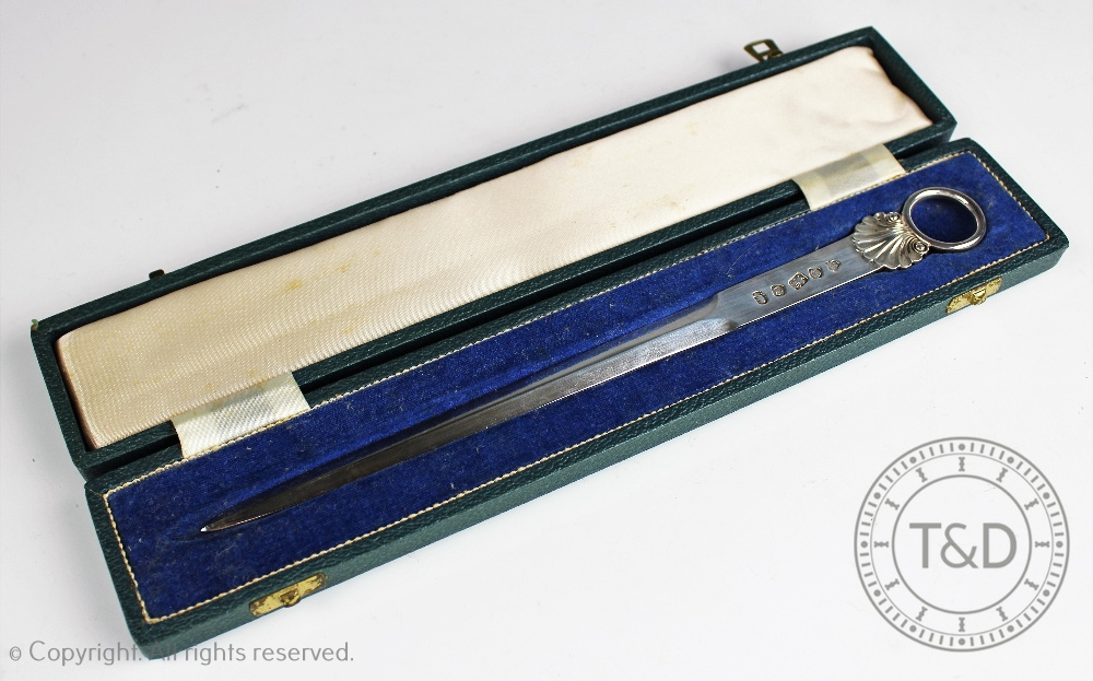 A silver meat skewer letter opener / knife, C. J. Vander, Sheffield 1977, with shell terminal, 3.