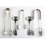 A small selection of silver comprising; a pair of fiddle pattern sugar tongs, London 1835,