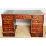 An Edwardian style burr walnut pedestal desk,