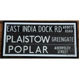 Three Vintage London bus Route Master spool signs, East India Dock Rd, Plaistow and Poplar,