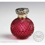 A Victorian red hobnail glass and silver mounted scent bottle, London 1896,