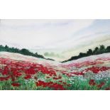 Ann Dunbar, Contemporary, Mixed media watercolour and embroidery, Poppy fields in rolling hills,