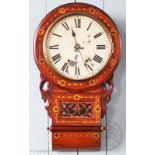A 19th century inlaid walnut, eight day drop dial wall clock, with painted Roman numeral dial,