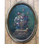 English School - late 19th century, Oil on canvas, Still life of flowers in an urn on a ledge,