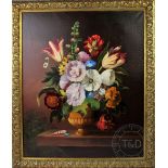 Oil on canvas, Still life of flowers in a vase upon a ledge, 60cm x 49.