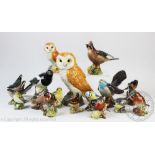 Eighteen Beswick birds to include a magpie, a large barn owl and a smaller barn owl, a Jay,