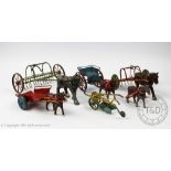 A collection of five Kayron diecast farm toys, comprising two horse and hay bobs, a horse and cart,