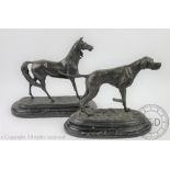 A modern bronze of a dog, after Pierre Jules Mene, on verined marble oval base, 26cm high,
