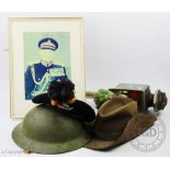 A pair of coaching lamps, a Royal Warwickshire regiment beret dated 1953, a felt hat,