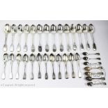 A 19th century harlequin part set of silver fiddle pattern flatware,