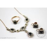 A collection of white and blue untested sapphire set jewellery, to include; a four cluster necklace,