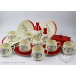 A Carlton ware Orbit pattern part tea service comprising; a teapot and cover, cream jug, sugar bowl,