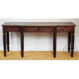 A William IV mahogany break-front serving table, with two drawers, on spiral fluted legs,