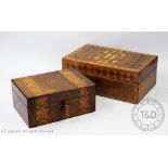 A 19th century parquetry work box, 12.5cm H x 32cm W x 20.5cm D, with a further parquetry box 10.