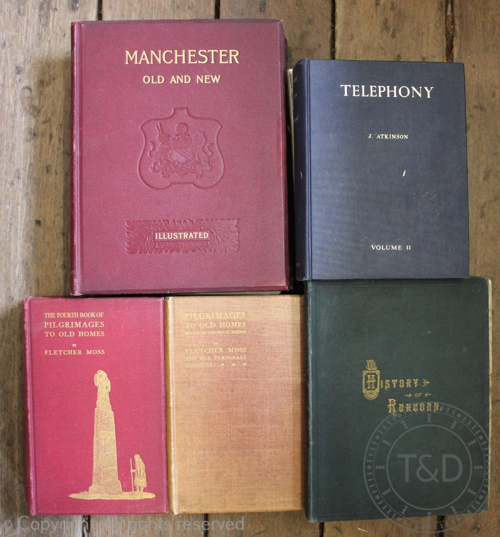 A selection of books on Telephony, with an oak cased Academy gramophone, four vintage headphones,