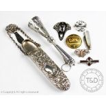 A collection of objects of virtue to include a silver plated posy holder, 16cm long,