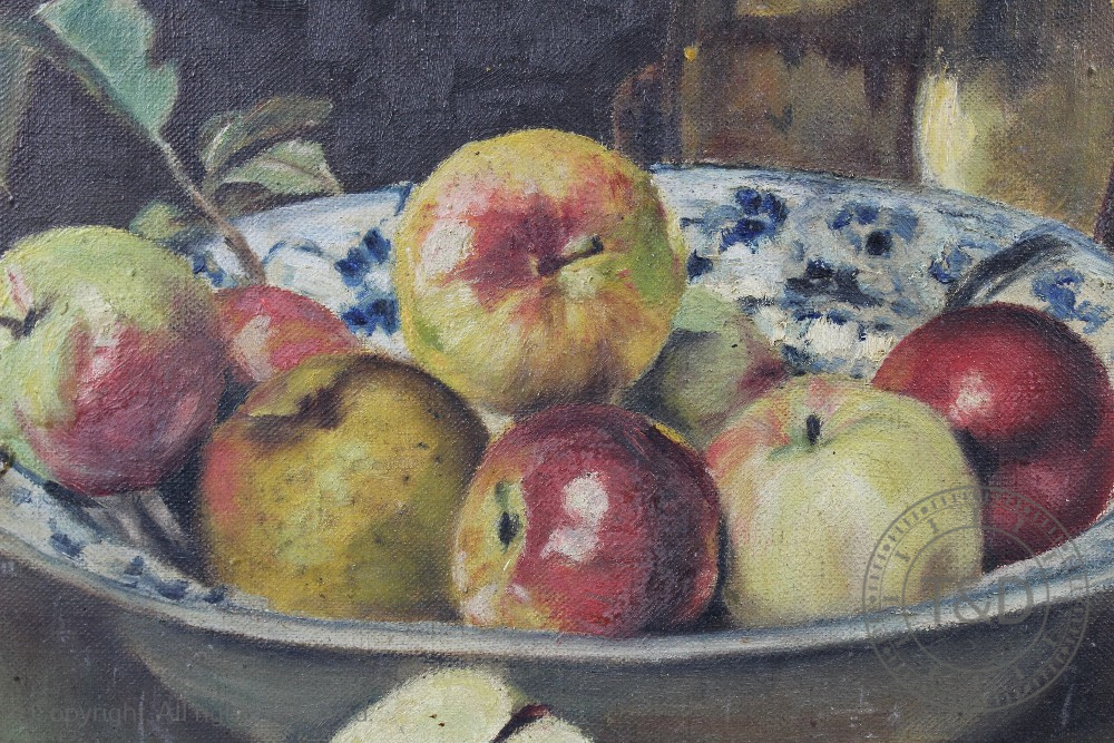 English School - early 20th century, Oil on canvas, Still life of apples in a Delft bowl, - Image 2 of 2