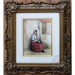 English School, 19th century Watercolour, Maiden seated outside a cottage lacemaking, Unsigned,