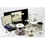 A collection of silver plated wares, to include; a cased set of fish knives and forks,