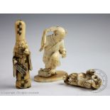 A Japanese carved ivory netsuke, Meiji period, modelled as a wailing figure,