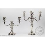 A Welsh silver plated five light candelabra, with reeded scroll sconce arms,
