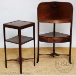 An early 19th century mahogany bow front three tier corner wash stand, with drawer,