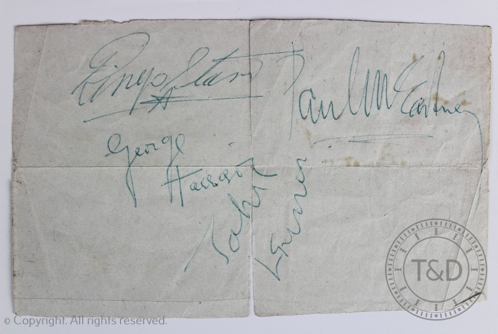 THE BEATLES: a collection of signatures of all four members of the band, the sheet,