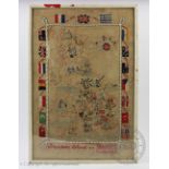 A World War II needlework map sampler by Ella E Holt and dated 1942, the map of England, Wales,