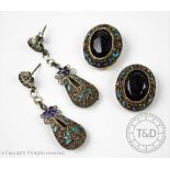 A pair of Chinese filigree drop earrings with enamelled floral detail and post and butterfly