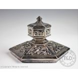 A Victorian silver plated ink well, of Gothic font,