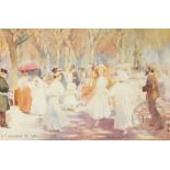 French School - early 20th century, Watercolour, Parisian park scene with figures playing diablo,
