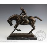 A modern bronze group of a jockey on horse, on veined marble base,