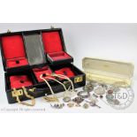 A selection of mixed costume jewellery to a jewellery box, to include; a rose enamelled oval locket,
