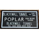Three Vintage London bus Route Master spool signs, Blackwall Tunnel via Cubitt Town,
