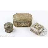 Three eastern white metal boxes comprising; A Chinese silver box and cover,