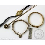 A selection of jewellery, to include; a 9ct gold gate bracelet, weight 7gms,