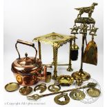 A selection of metal wares to include a 19th Century brass fire side trivet,
