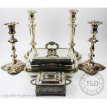 A collection of silver plated wares to include, two pairs of silver plate on copper candle sticks,