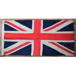 A vintage stitched linen Union Flag, with hessian backing and label for Barbara coupe,